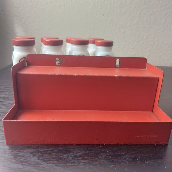 VTG Set Of 8 Original Griffiths Spice Jars ~ Milk Glass With Red Metal Rack - Picture 12 of 16